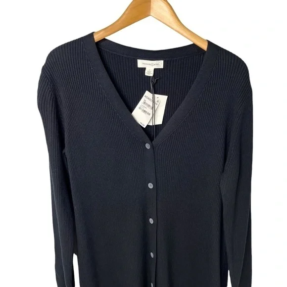 Treasure & Bond Dress V Neck Midi Sweater Ribbed Dress Black Size Large - Picture 3 of 9